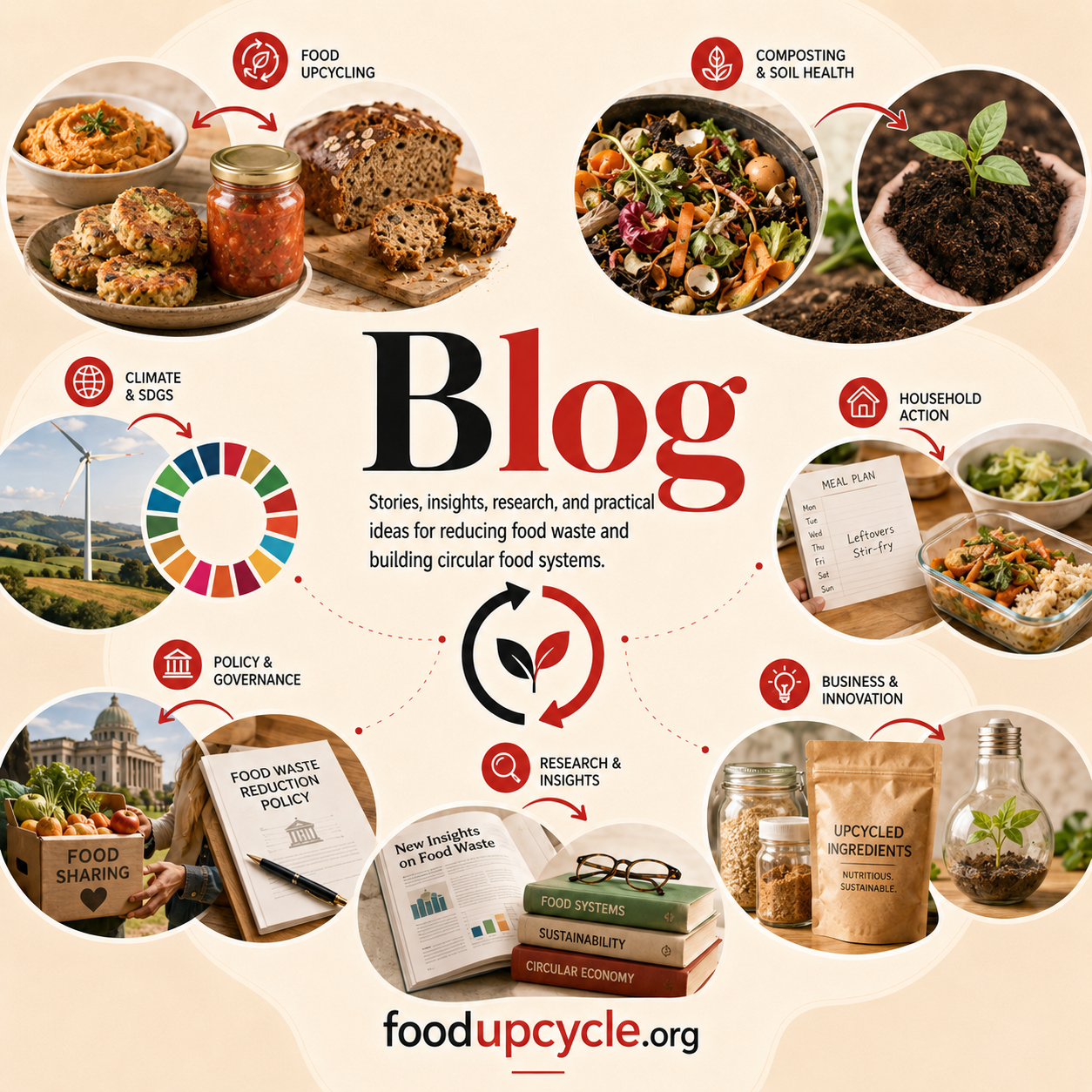 FoodUpcycle.org blog visual showing food upcycling, composting, climate, policy, household action, business innovation, and research insights