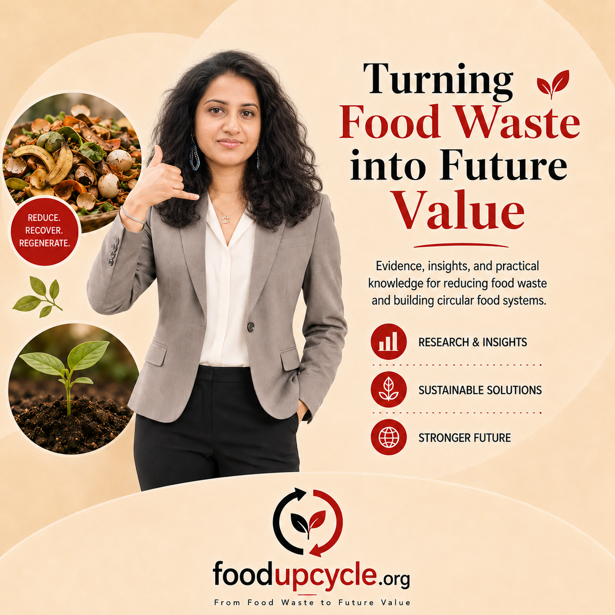 FoodUpcycle.org contact visual with Dr. Jeewanee and the message Turning Food Waste into Future Value