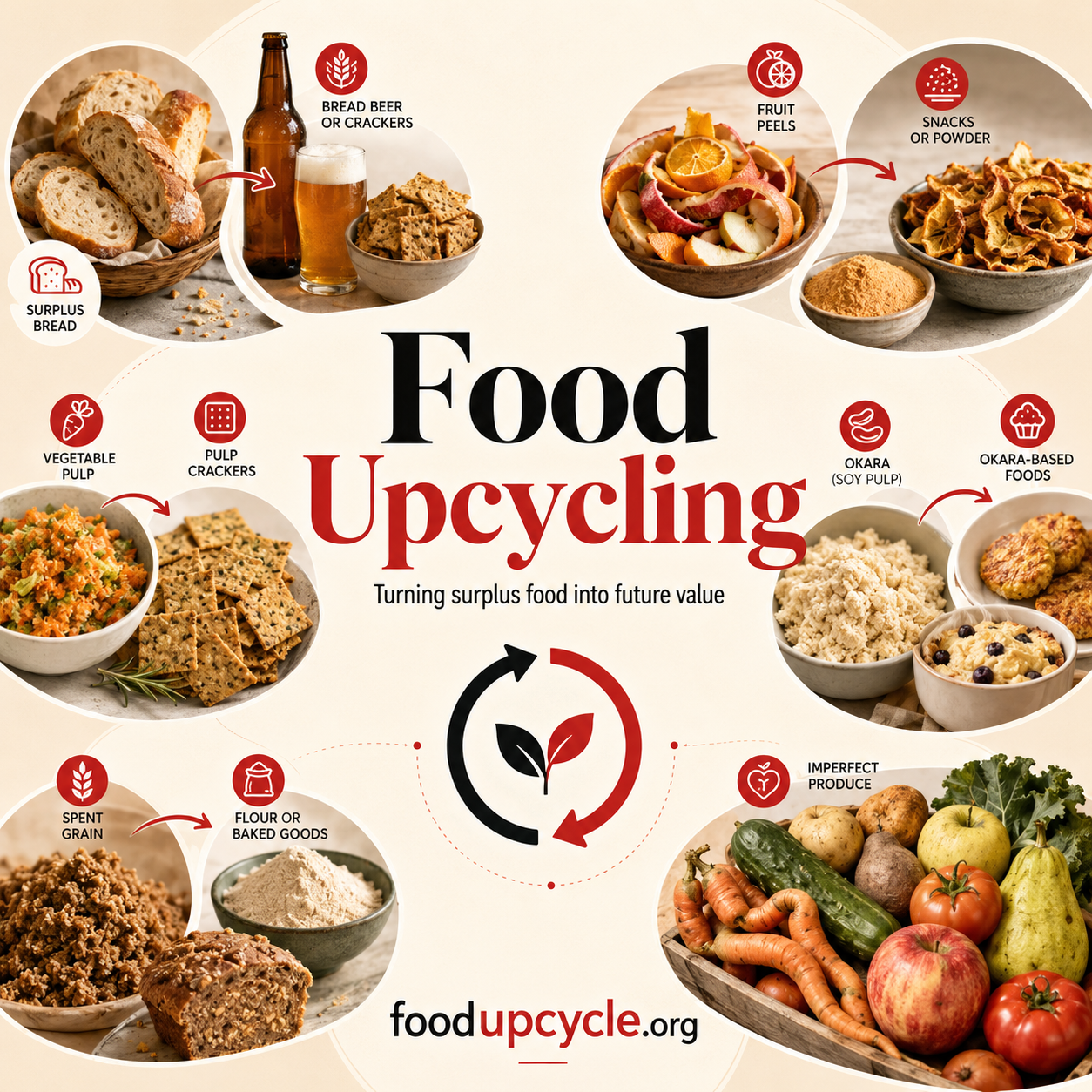 Food upcycling examples showing surplus bread, fruit peels, vegetable pulp, okara, spent grain, and imperfect produce becoming new products