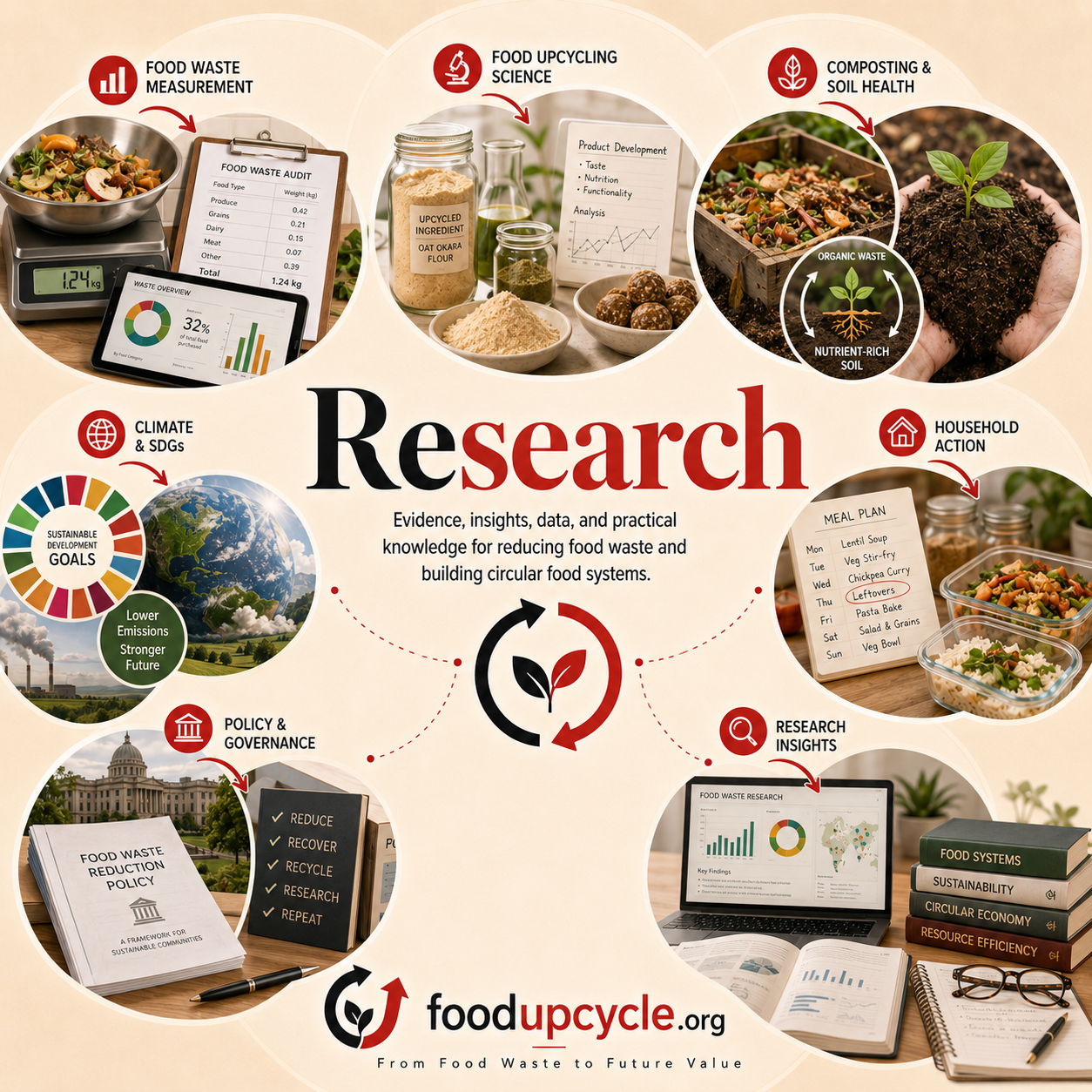 Research visual showing food waste measurement, food upcycling science, composting, climate and SDGs, policy, household action, and research insights